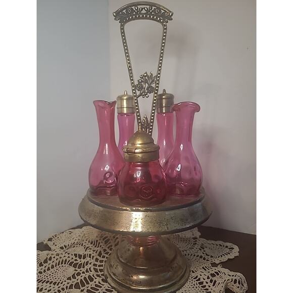 Vintage Cruet Simpson Hall Miller Quad Silverplate Cranberry Cut Glass Decor DIY - Picture 2 of 16